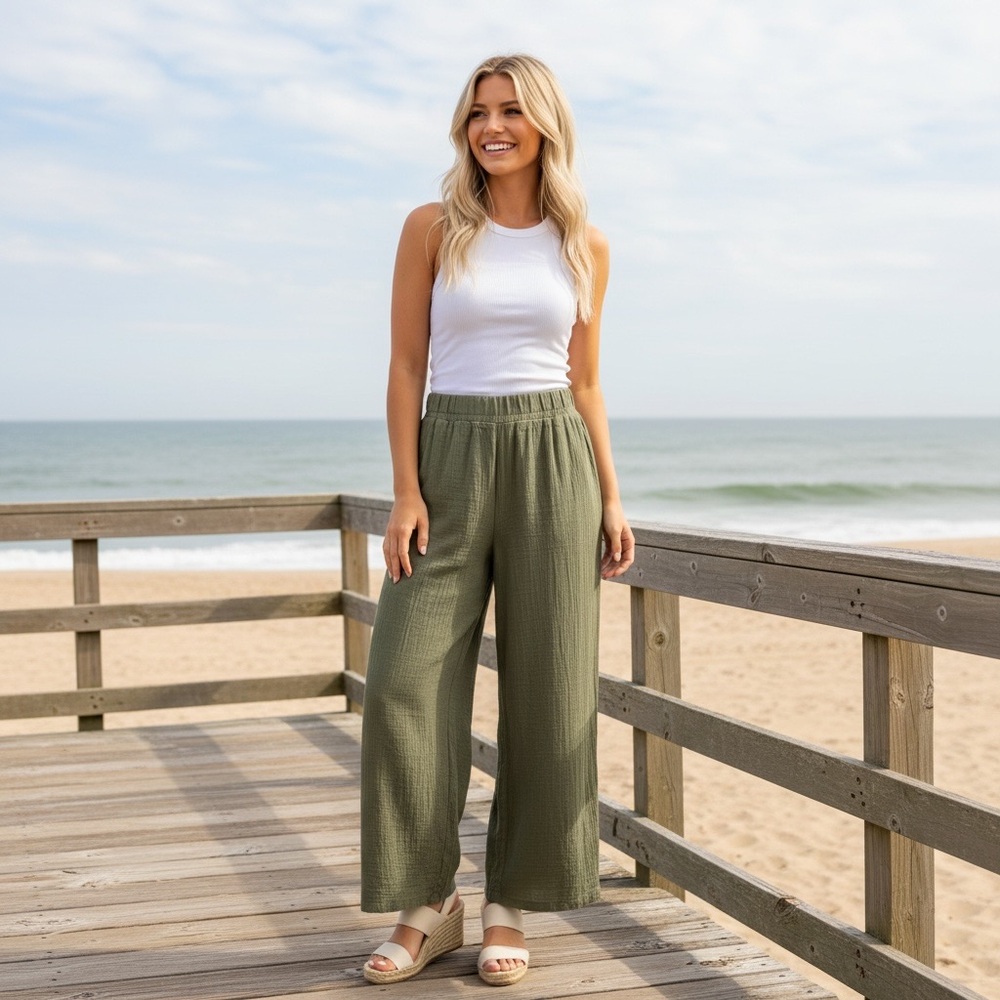 NWOT One 5 One Gauze Wide-Leg Pull On Pants Beach Cover Up Vacation Resortwear